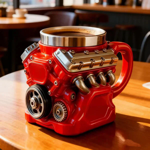 🔥🌟Engine-themed coffee mug, realistic V8 engine stainless steel mug