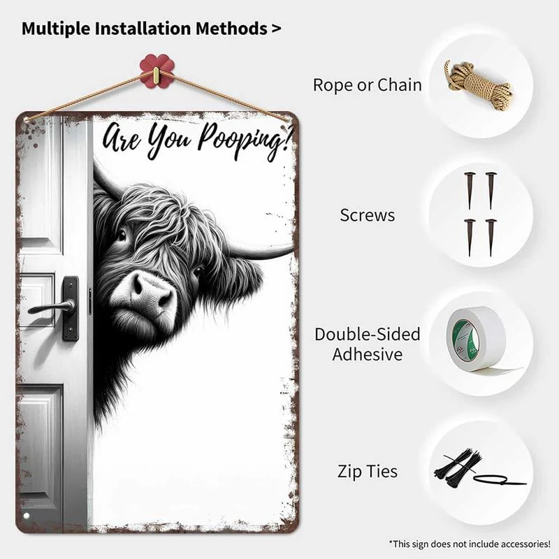 🔥Vintage Highland Cow Aluminum Sign: Funny "Are You Pooping?" Black and White Bathroom Wall Decor - Image 3
